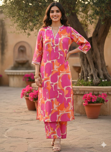 Vibrant Pink & Orange Abstract Printed Rayon Straight Kurta Set for Women - Suit Sets