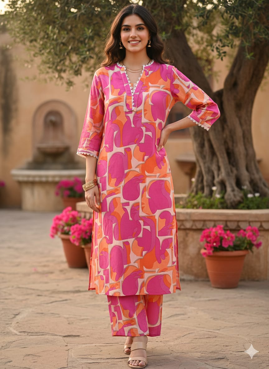 Vibrant Pink & Orange Abstract Printed Rayon Straight Kurta Set for Women - Suit Sets