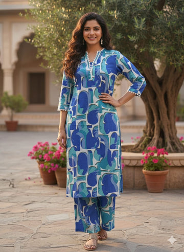 Blue & Teal Abstract Printed Rayon Straight Kurta Set for Women - Suit Sets