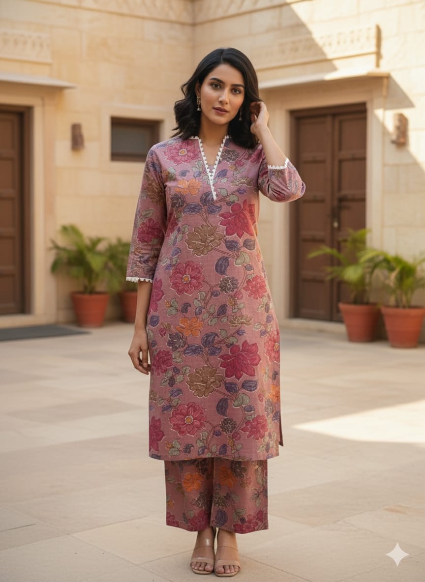 Dusty Rose Floral Printed 100% Cotton Straight Kurta Set for Women - Suit Sets