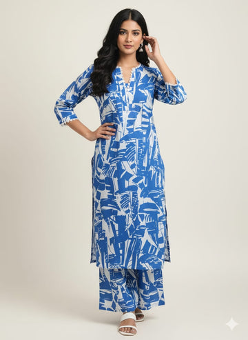 Blue Abstract Printed Cotton Suit Sets for Women - Ethnic & Casual Wear