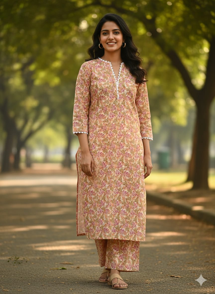 Women's Pink & Green Floral Print Cotton Straight Suit Sets