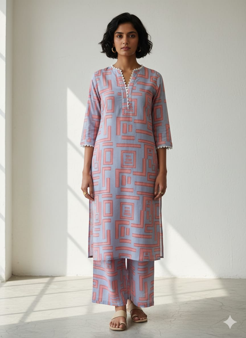 Women's Contemporary Geometric Print Rayon Suit Sets - Lavender & Peach