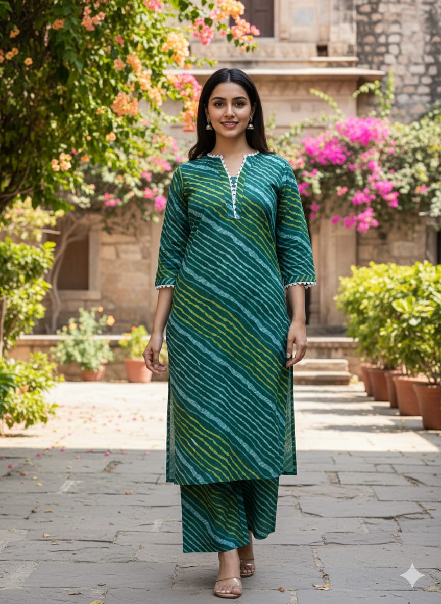Women's Green Leheriya Print Cotton Suit Sets with Lace Trim