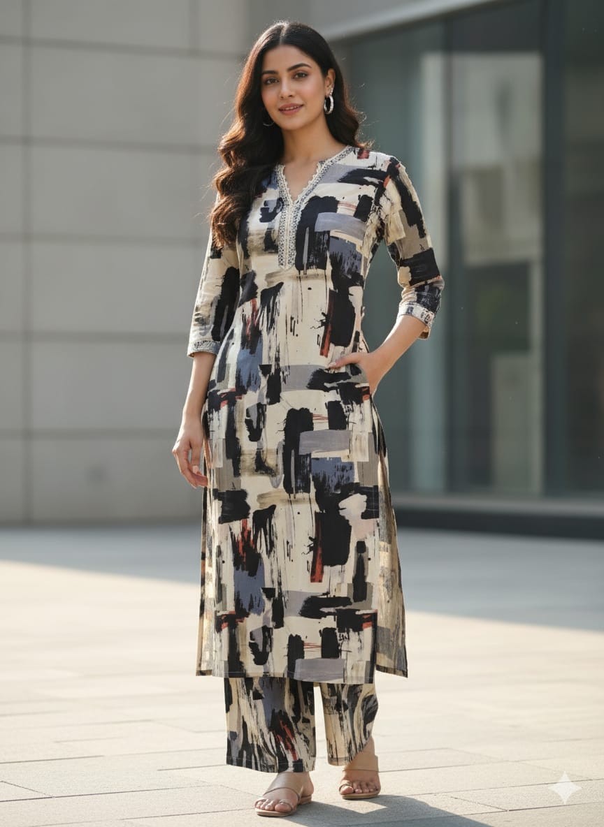 Women's Abstract Brushstroke Print Cotton Suit Sets - Beige & Black