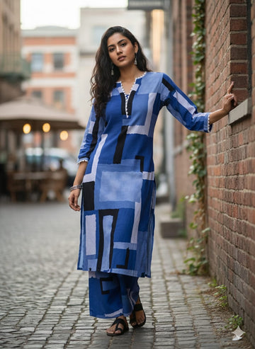 Women's Bold Geometric Block Print Rayon Suit Sets - Shades of Blue