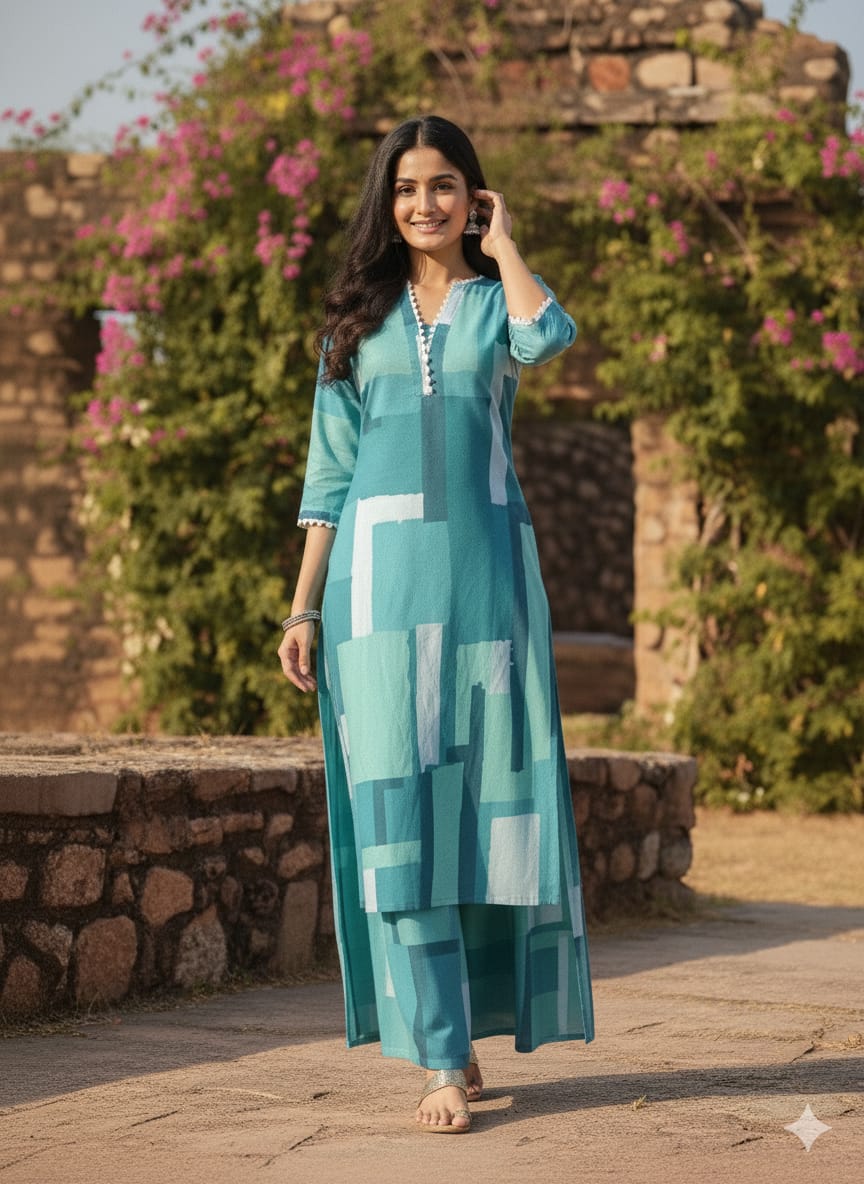 Women's Monochromatic Blue Geometric Print Rayon Suit Sets - Long Kurta