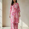 Women's Pastel Pink Abstract Print Cotton Suit Sets with Lace Trim