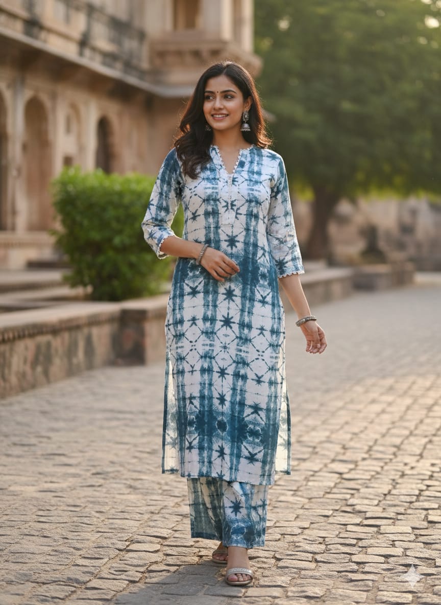 Women's Indigo & White Tie-Dye Rayon Suit Sets with Lace Trim