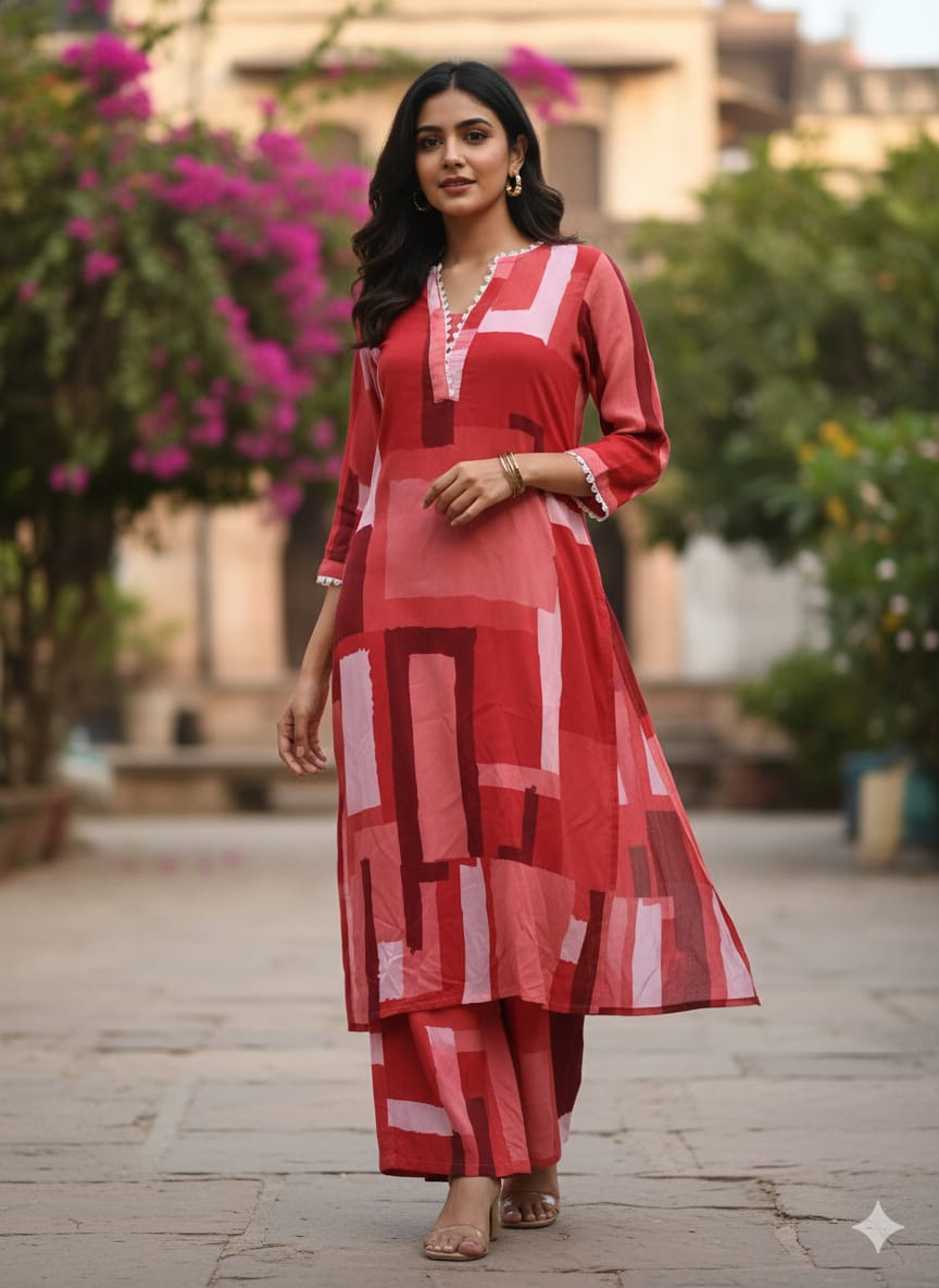 Women's Flared Red Geometric Block Print Rayon Suit Sets