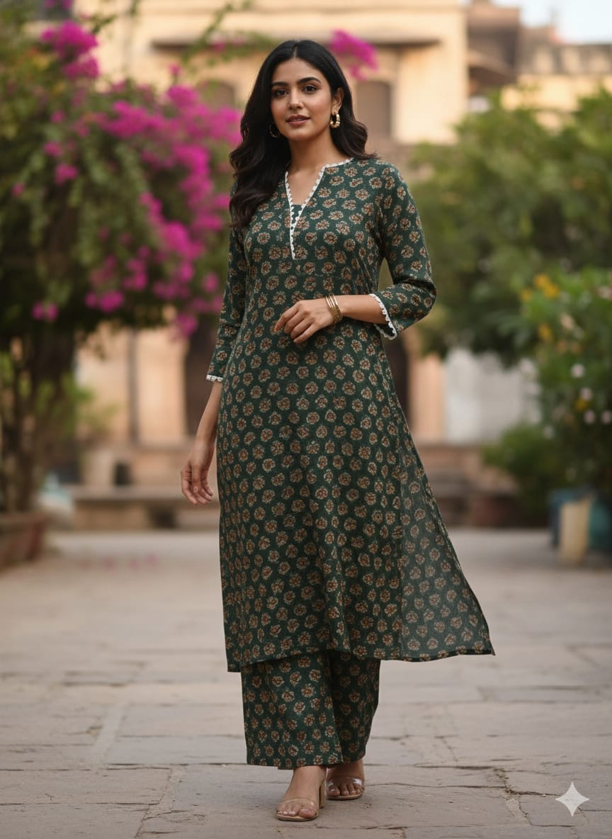 Women's Forest Green Traditional Motif Chanderi Suit Sets