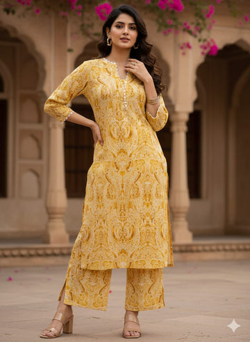 Women's Sunny Yellow Paisley Print Rayon Suit Sets