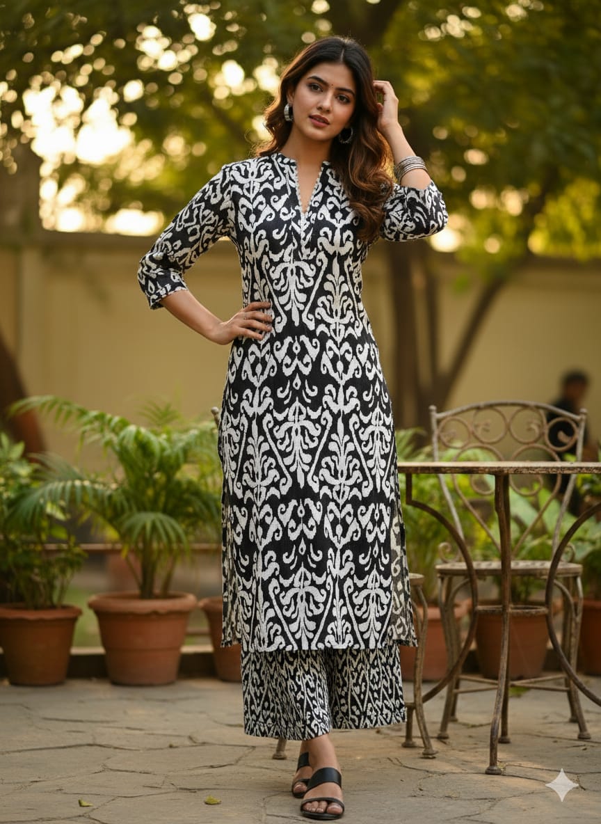 Women's Black & White Ikat Style Print Cotton Suit Sets