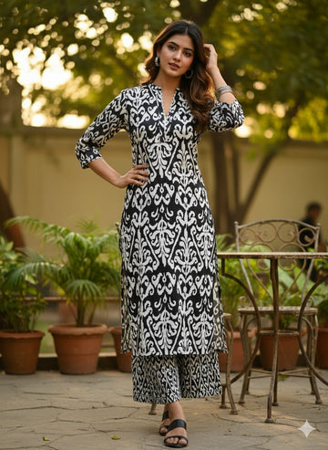 Women's Black & White Ikat Style Print Cotton Suit Sets