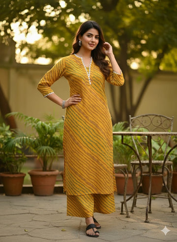 Women's Sunny Yellow Leheriya Print Cotton Suit Sets