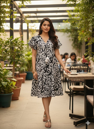 Chic Monochrome Floral Print Flared Dress - Ruffle Sleeve Midi Dresses | Western Wear