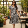 Chic Monochrome Floral Print Flared Dress - Ruffle Sleeve Midi Dresses | Western Wear