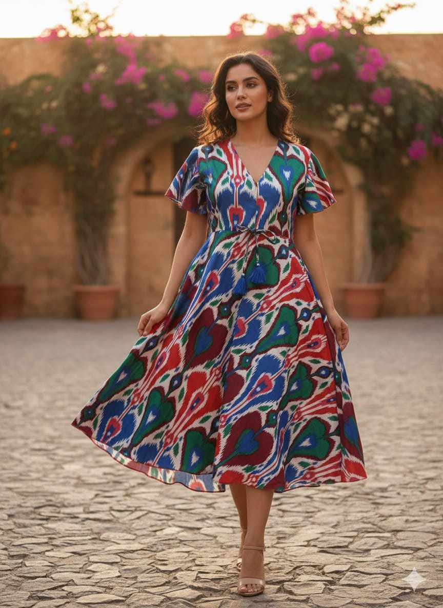 Vibrant Multicolor Ikat Print Cotton Fit & Flare Midi Dresses | Western Wear