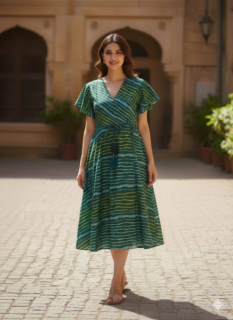 Green Handcrafted Cotton Striped Fit & Flare Midi Dresses | Western Wear