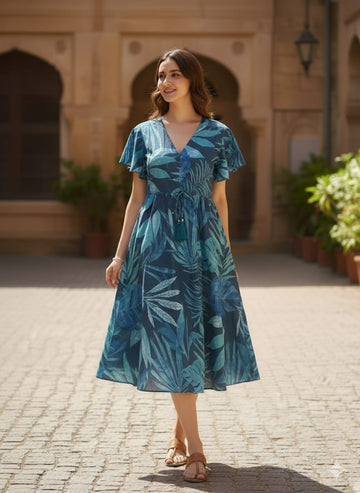 Women's Blue Tropical Leaf Print Cotton Flared Midi Dresses | Western Wear