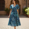 Women's Blue Tropical Leaf Print Cotton Flared Midi Dresses | Western Wear
