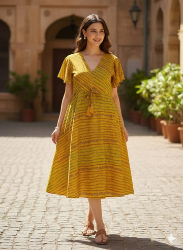 Women's Mustard Yellow Leheriya Print Cotton Wrap Midi Dresses | Western Wear