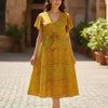 Women's Mustard Yellow Leheriya Print Cotton Wrap Midi Dresses | Western Wear