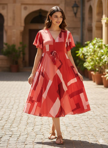 Aawari Red Abstract Print Rayon Midi Dresses for Women | Western Wear