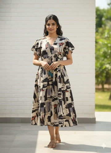 Abstract Print V-Neck Cotton Midi Dresses with Flutter Sleeves | Western Wear