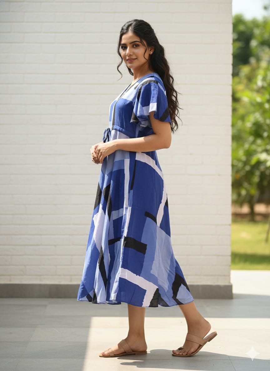 Bold Blue Geometric Block Print V-Neck Rayon Midi Dresses | Western Wear