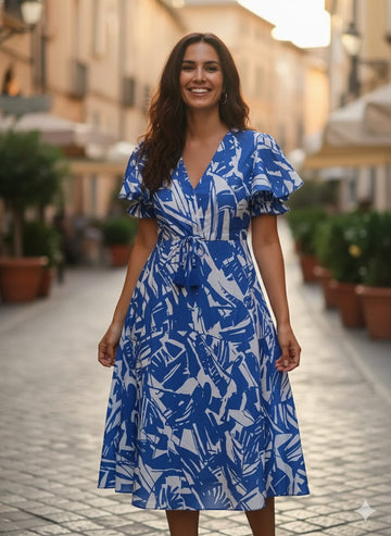 Cobalt Abstract Cotton Midi Dress | Puff Sleeves & Tassel Tie Aawari Cobalt Abstract Cotton Midi Dress | Puff Sleeves & Tassel Tie Aawari