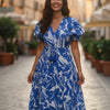 Cobalt Blue & White Abstract Print Cotton Midi Dresses with Puff Sleeves | Western Wear