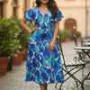 Aqua Blue Abstract Leaf Print V-Neck Rayon Midi Dresses | Western Wear