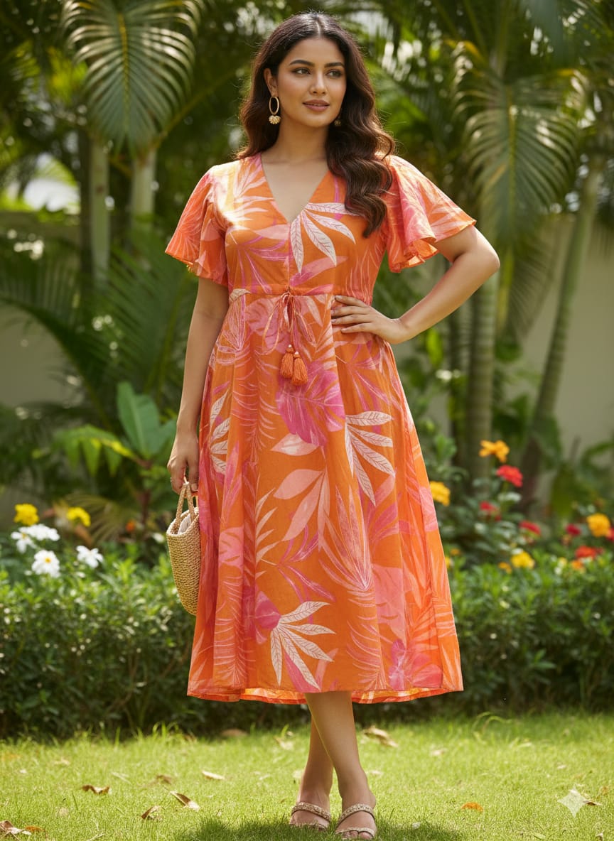 Sunset Orange & Pink Tropical Leaf Print V-Neck Cotton Midi Dresses | Western Wear