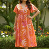 Sunset Orange & Pink Tropical Leaf Print V-Neck Cotton Midi Dresses | Western Wear