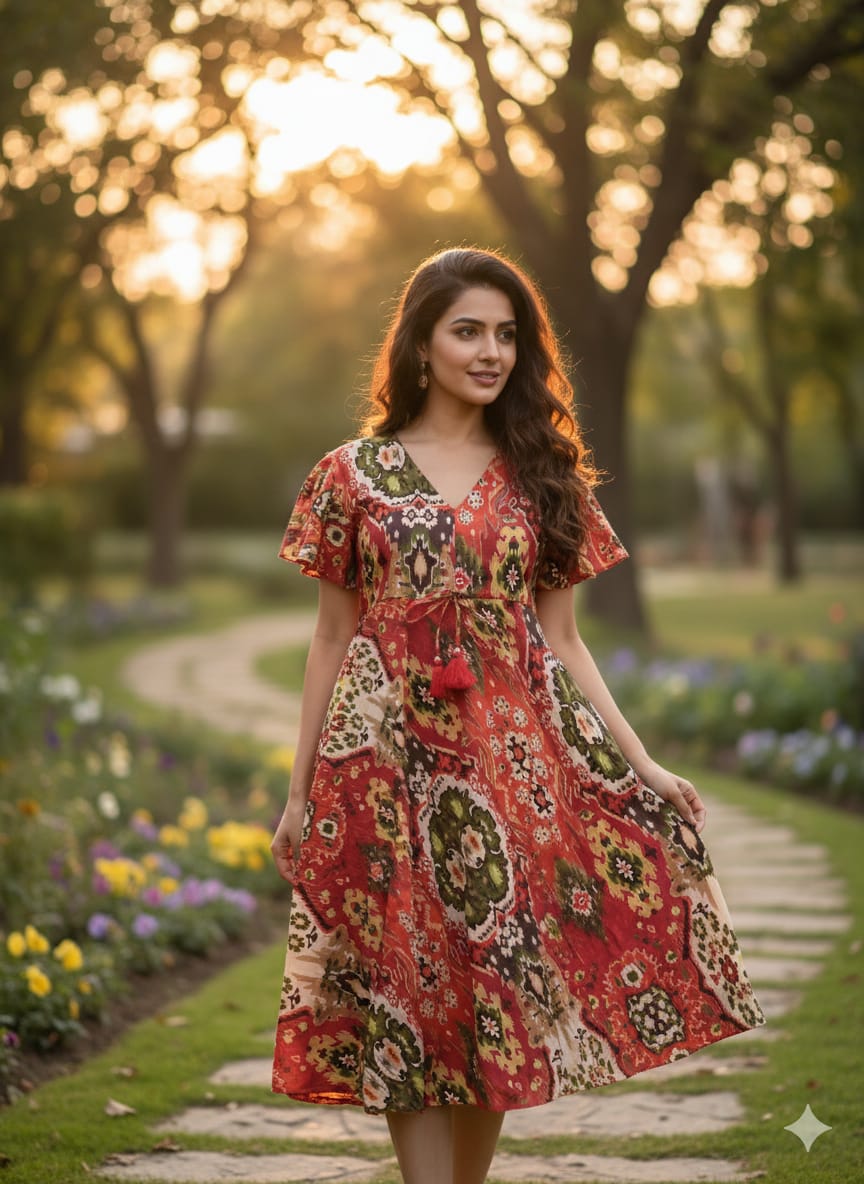 Heritage Maroon Kalamkari/Ikat Print V-Neck Cotton Midi Dresses | Western Wear