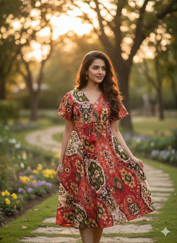 Heritage Maroon Kalamkari/Ikat Print V-Neck Cotton Midi Dresses | Western Wear