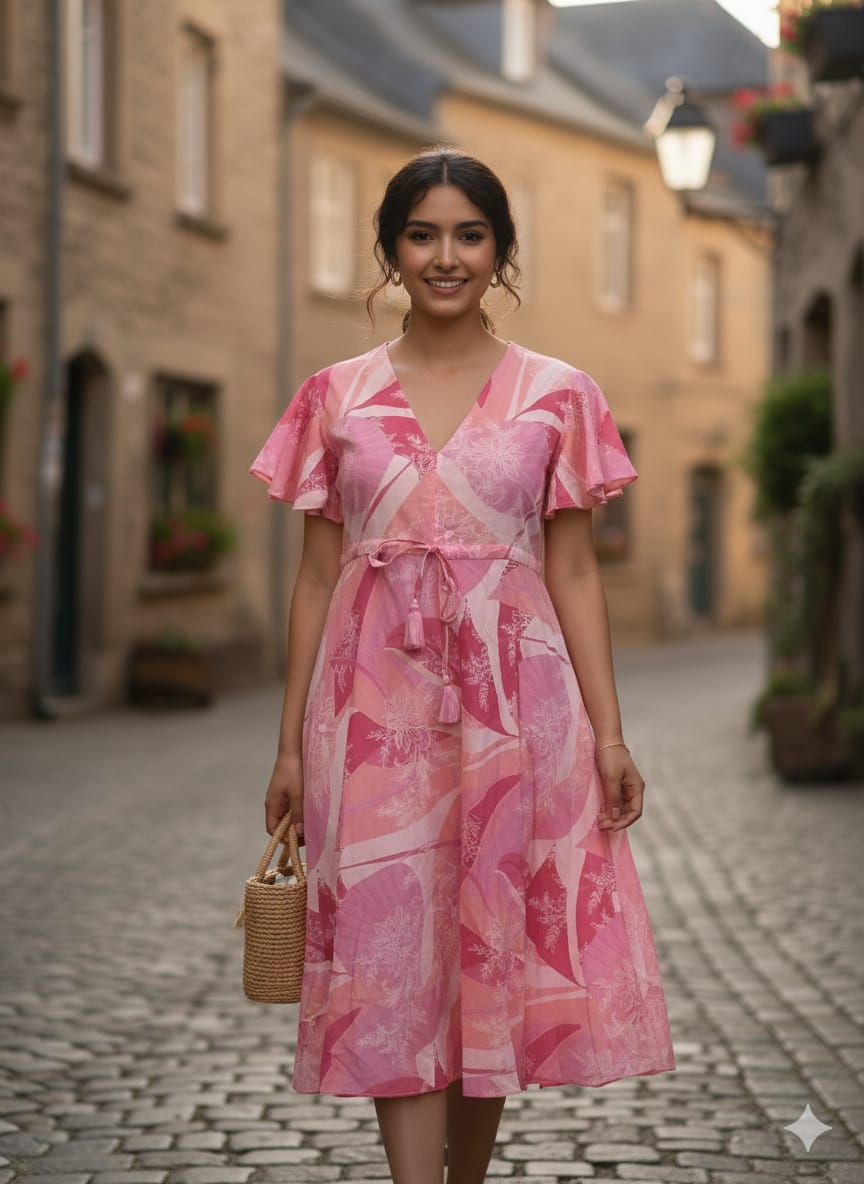 Blush Pink Abstract Floral Print V-Neck Cotton Midi Dresses | Western Wear