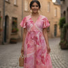 Blush Pink Abstract Floral Print V-Neck Cotton Midi Dresses | Western Wear