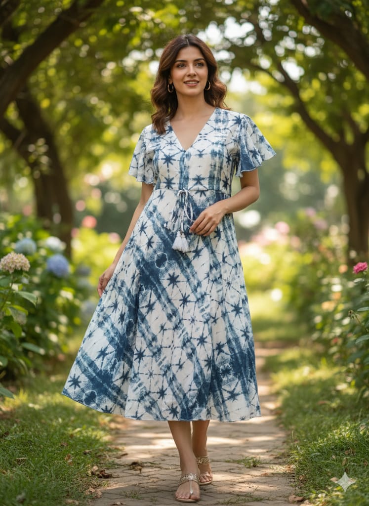 Indigo Blue Shibori/Tie-Dye Print V-Neck Rayon Midi Dresses | Western Wear