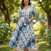 Indigo Blue Shibori/Tie-Dye Print V-Neck Rayon Midi Dresses | Western Wear