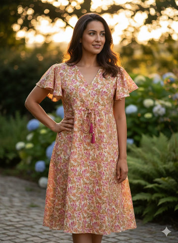Soft Peach & Pink Floral Print V-Neck Cotton Midi Dresses | Western Wear
