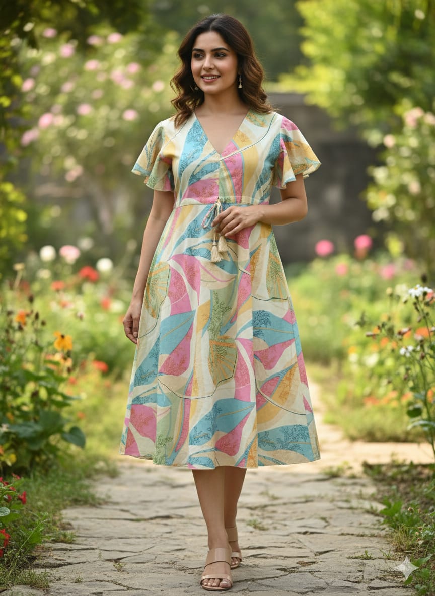 Pastel Multi-Color Leaf Print V-Neck Cotton Midi Dresses | Western Wear