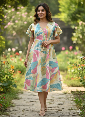 Pastel Multi-Color Leaf Print V-Neck Cotton Midi Dresses | Western Wear