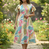 Pastel Multi-Color Leaf Print V-Neck Cotton Midi Dresses | Western Wear