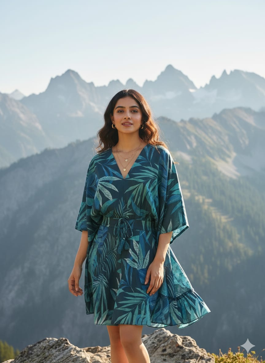 Green & Blue Tropical Printed Cotton Dresses | Midi Dresses | Western Wear