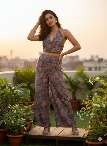 Halter Neck Floral Co-ord Sets | Wide Leg Pants Two-Piece Outfit