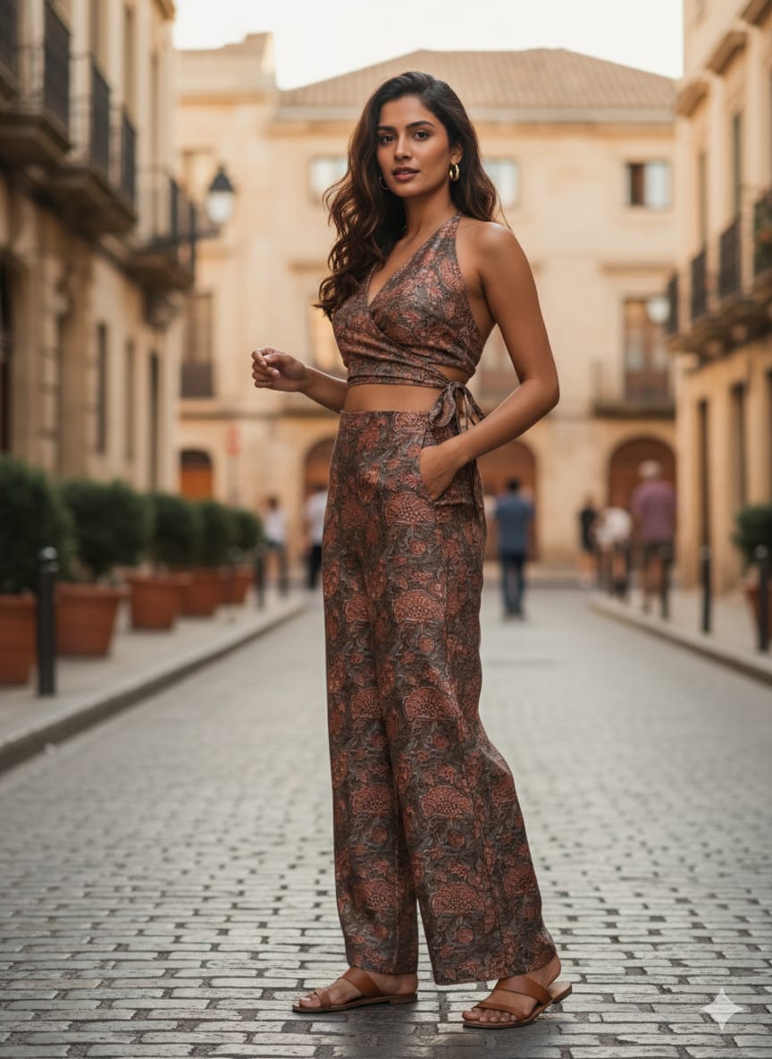 Floral Wrap Crop Top  & Straight Pants Co-ord Sets | Two-Piece Outfit