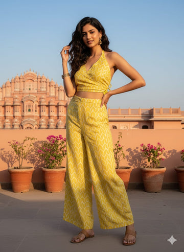Sunshine Yellow Ikat Print Co-ord Sets | Chanderi Wrap Top & Pants