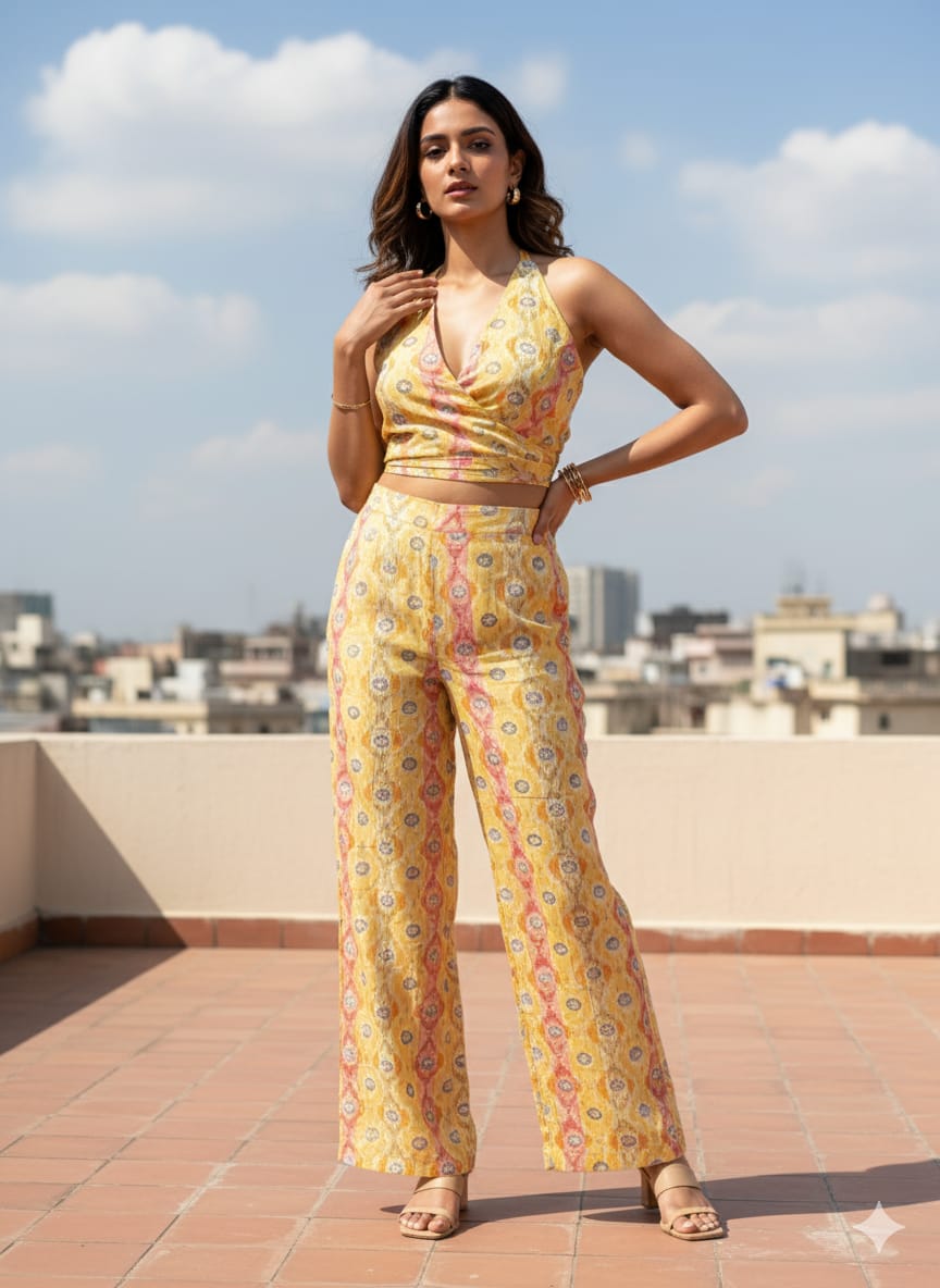 Yellow Ikat Pure Chanderi Halter Wrap Crop Top & Wide-Leg Pants